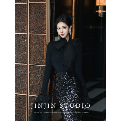 MD进进原创【在逃公主】2025针织套头蝴蝶结时尚丝光羊毛长袖上衣