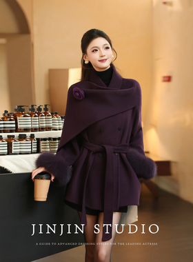 MD进进原创【色调焦点】2025冬季保暖狐狸毛袖显瘦双面羊毛外套