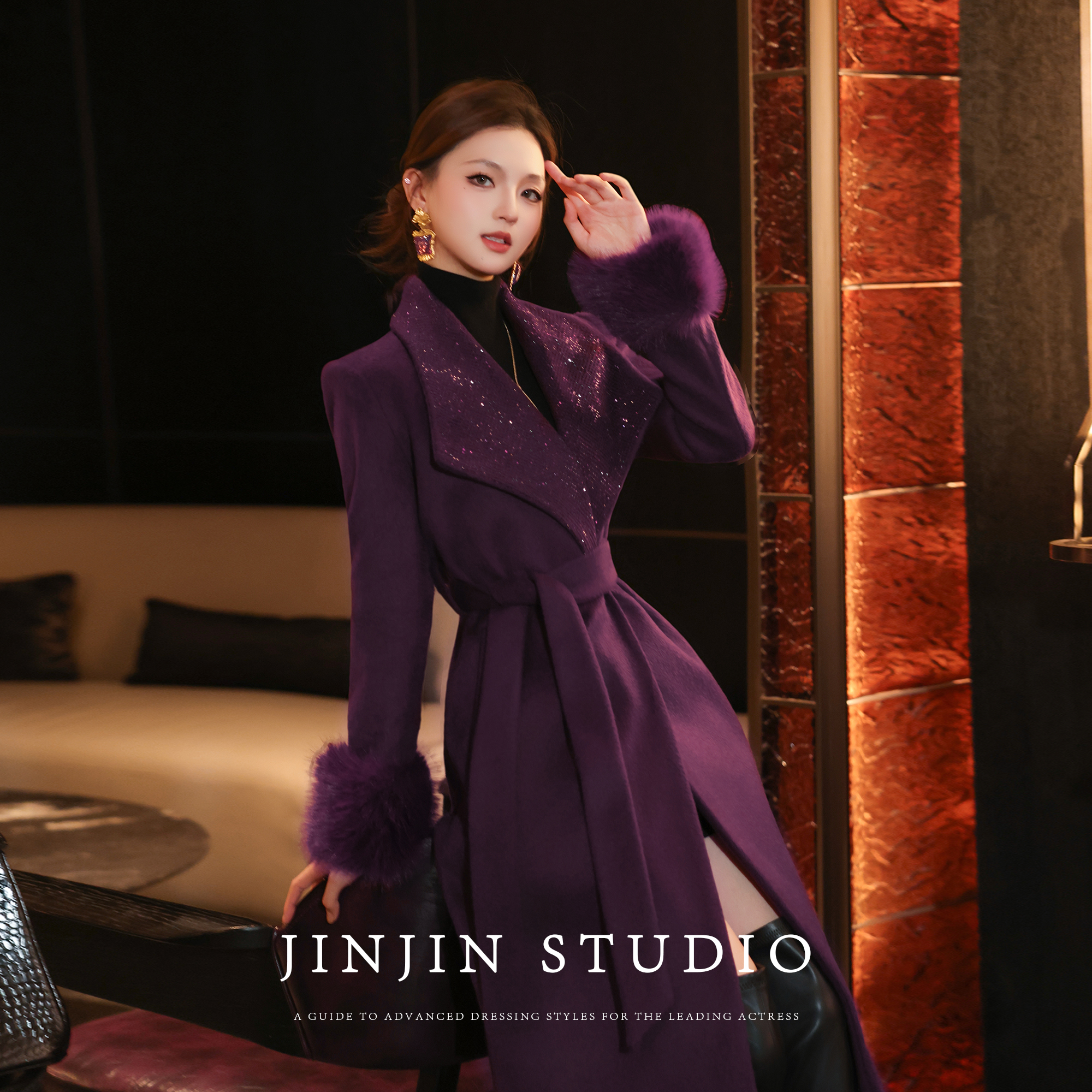 时尚名媛轻奢风羊毛收腰大衣外套