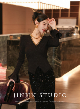 MD进进原创【耀眼光芒】2025冬季黑色时尚高级轻奢气质显瘦上衣