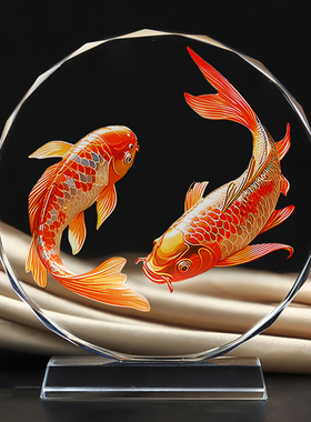 水晶玻璃双锦鲤摆件桌面装饰品圆形年年有余红色鲤鱼运财聚财摆台