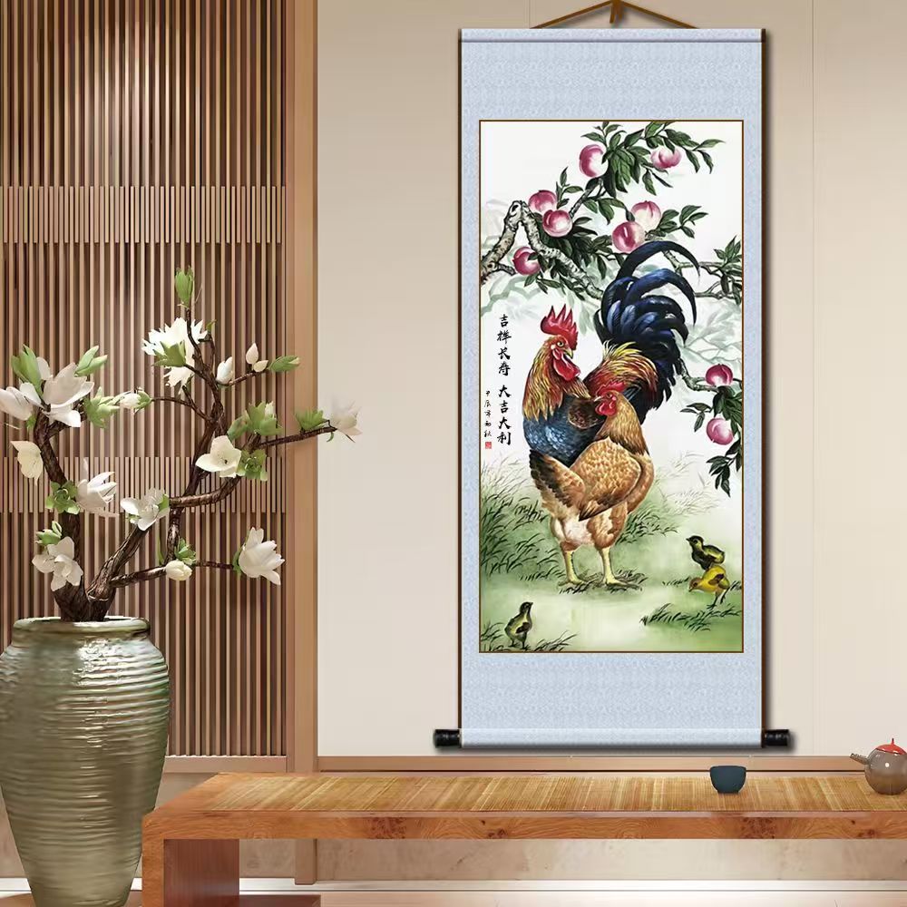 雄鸡动物福寿图防水卷轴挂画