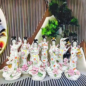 陶瓷七公主神像姑娘像体提花篮抱花篮仙姑供奉七仙女佛像摆件神像