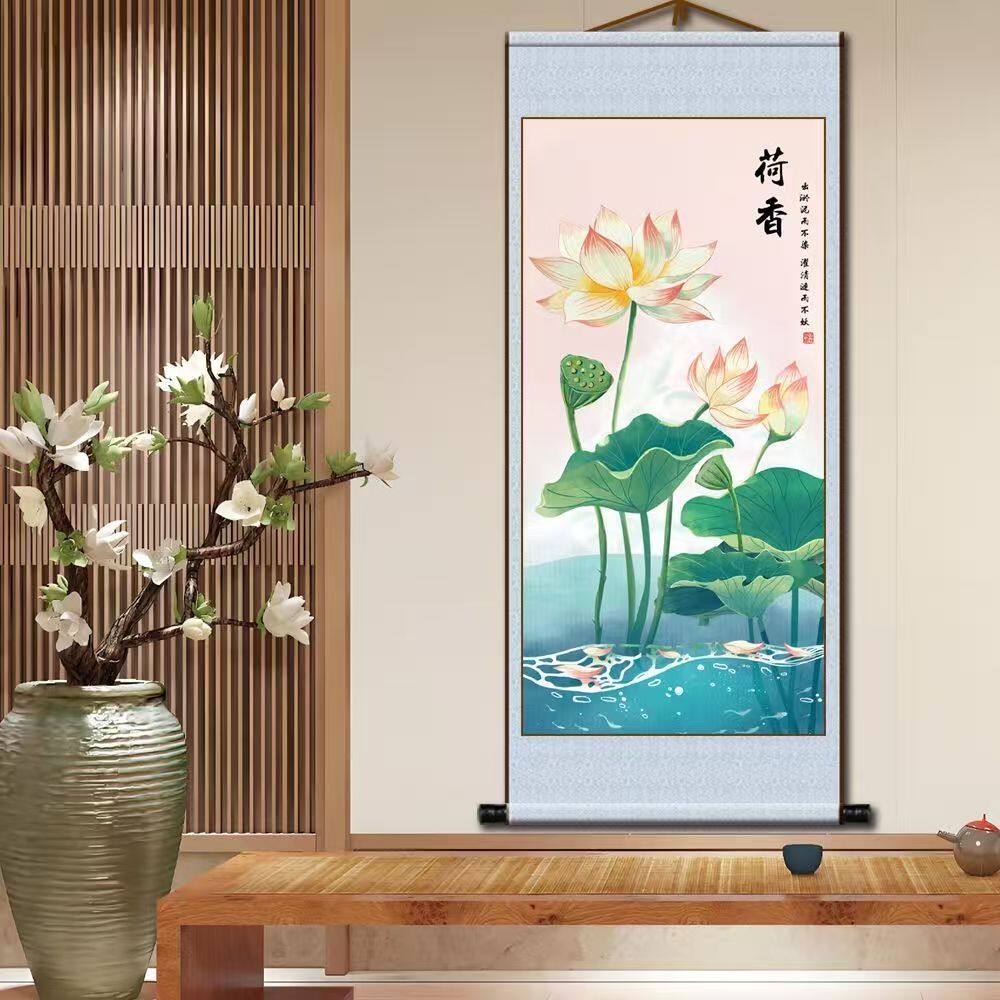 荷花国画装饰画新中式简约壁画