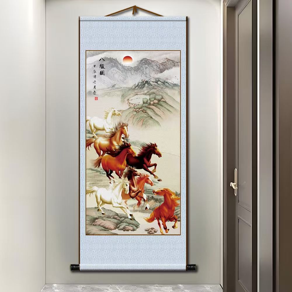 马到成功挂画八骏图卷轴画