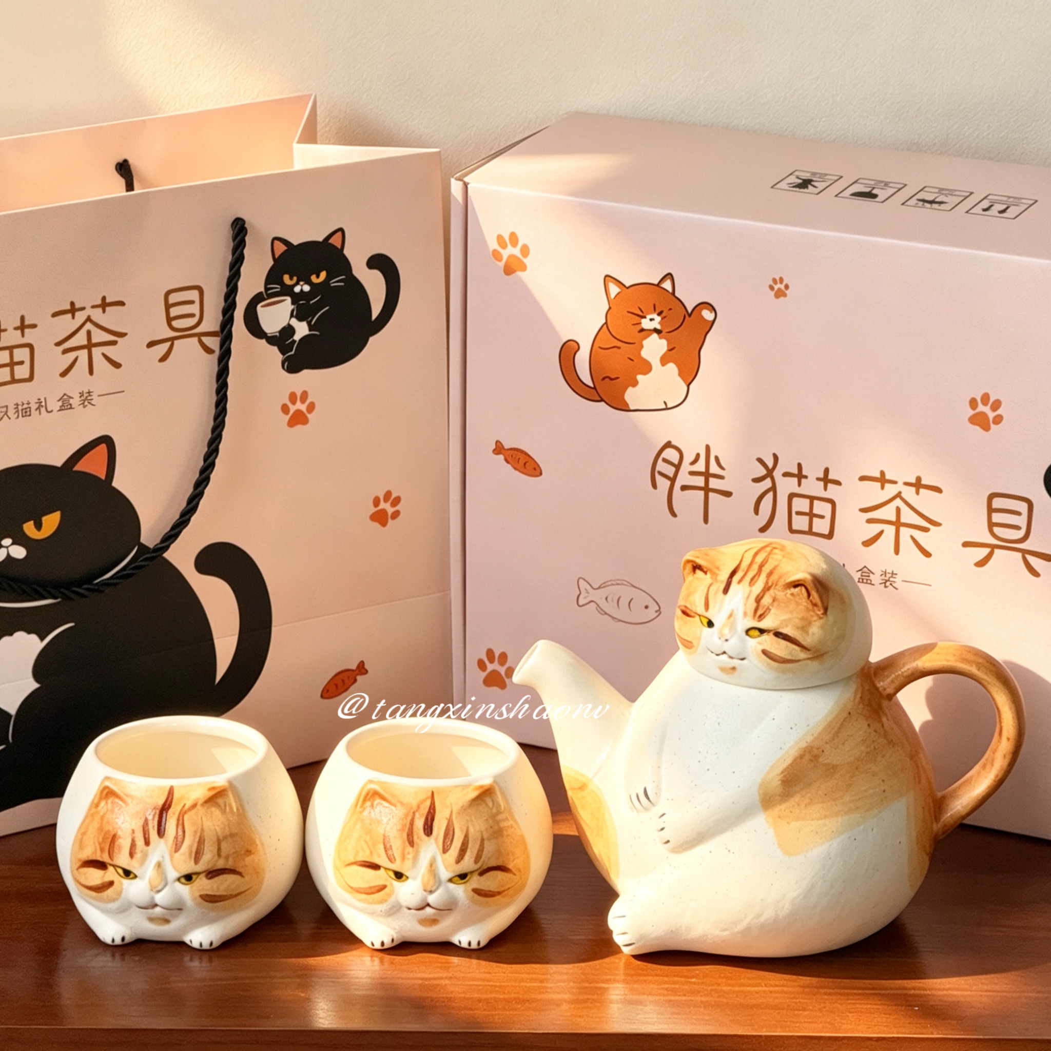 粗陶橘猫造型水壶萌趣猫咪陶瓷杯