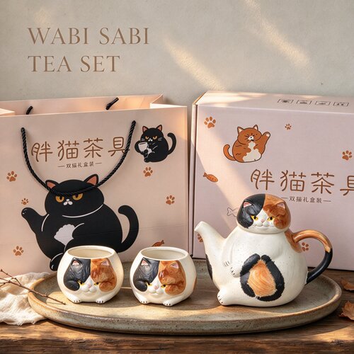 日系复古粗陶萌猫水壶水具套装