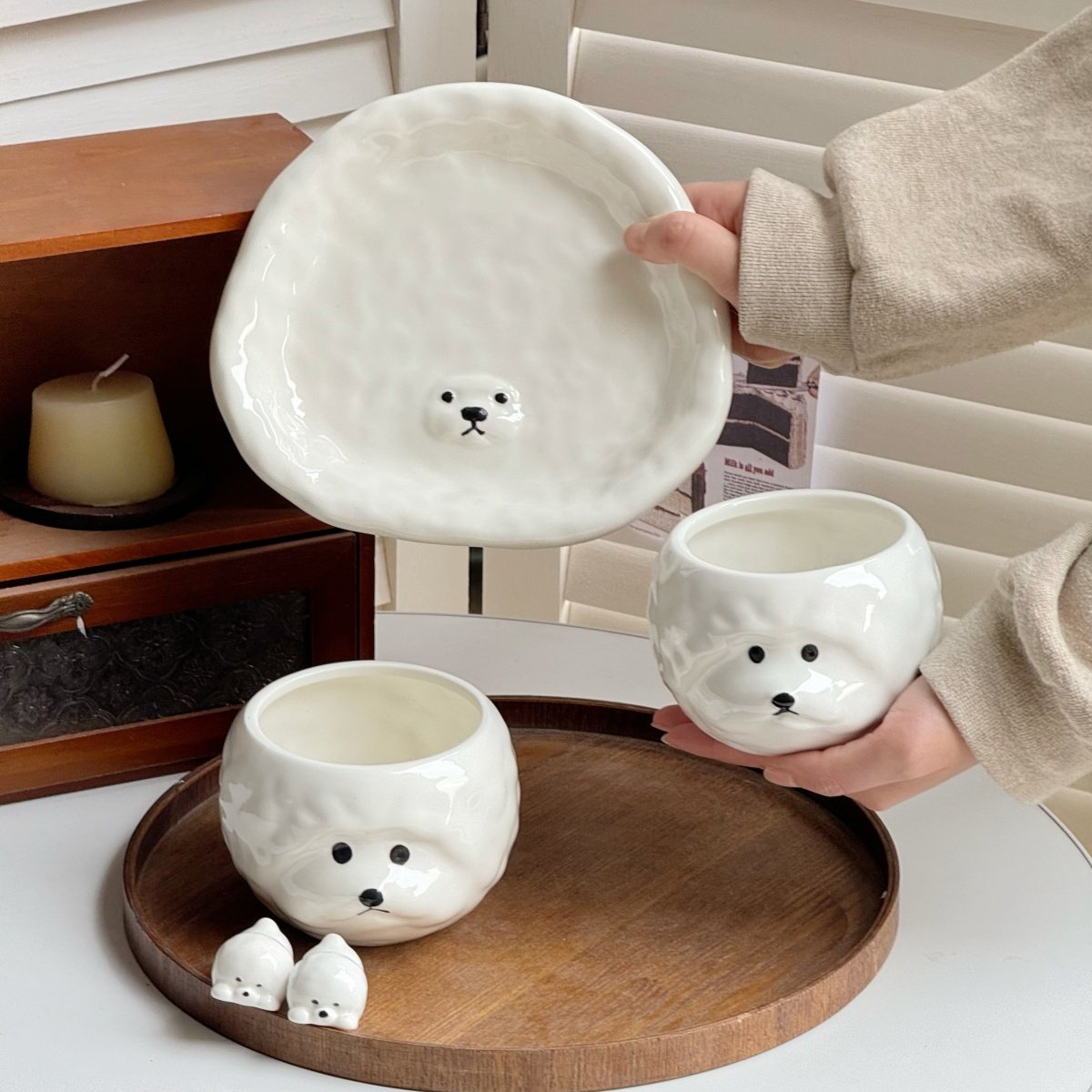 呆萌可爱比熊碗碟套装陶瓷家用餐具杯碗碟高颜值少女心筷子架创意