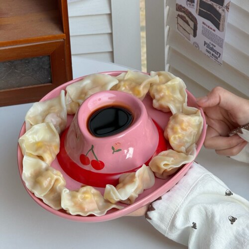韩系甜美樱桃陶瓷圆形饺子盘