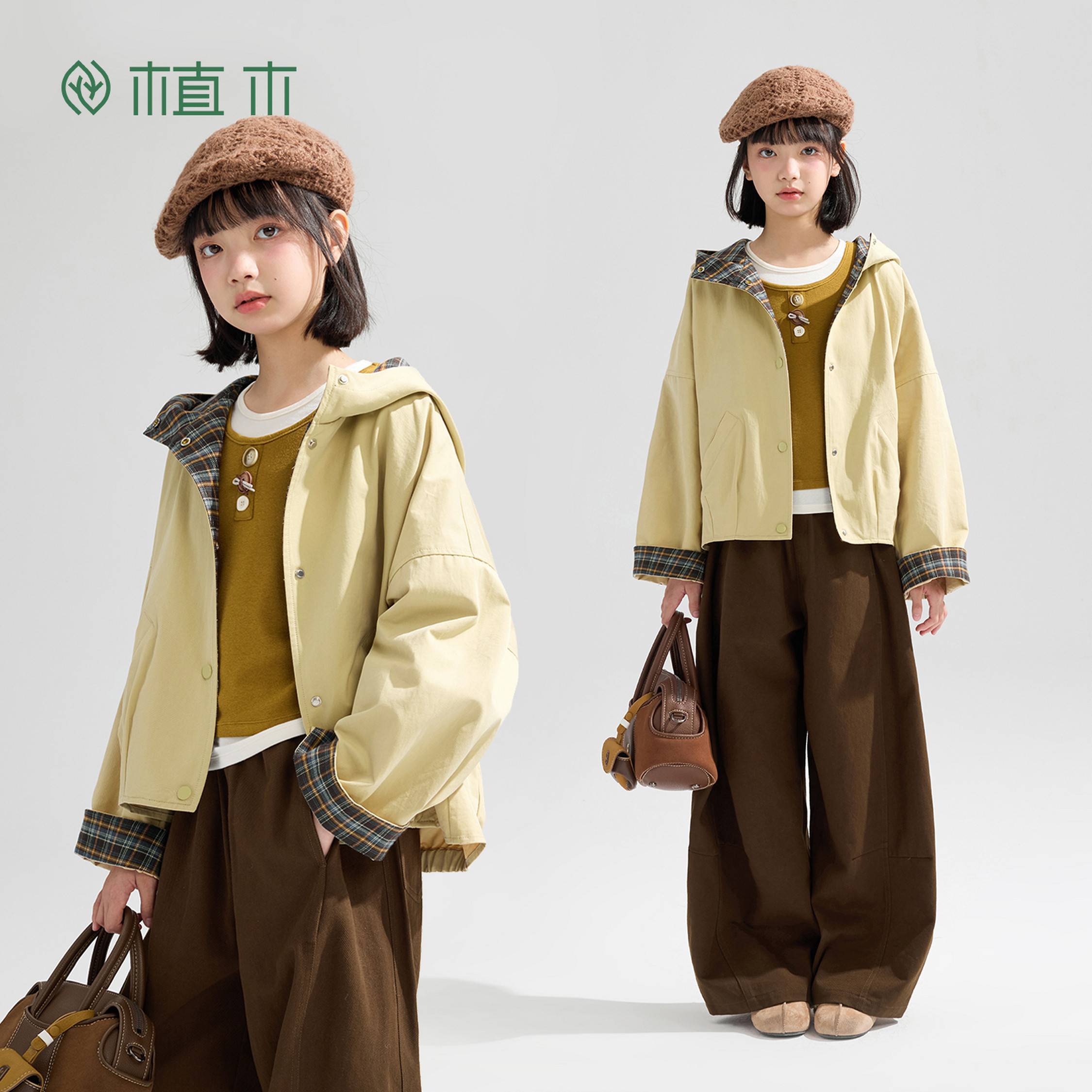 植木 女童外套纯棉儿童连帽时尚风衣2026秋季新款宽松青少年上衣