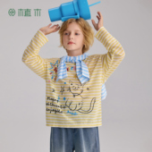 童装 植木 T恤 男童莱赛尔印花T恤2026年春新款 条纹猫 儿童长袖