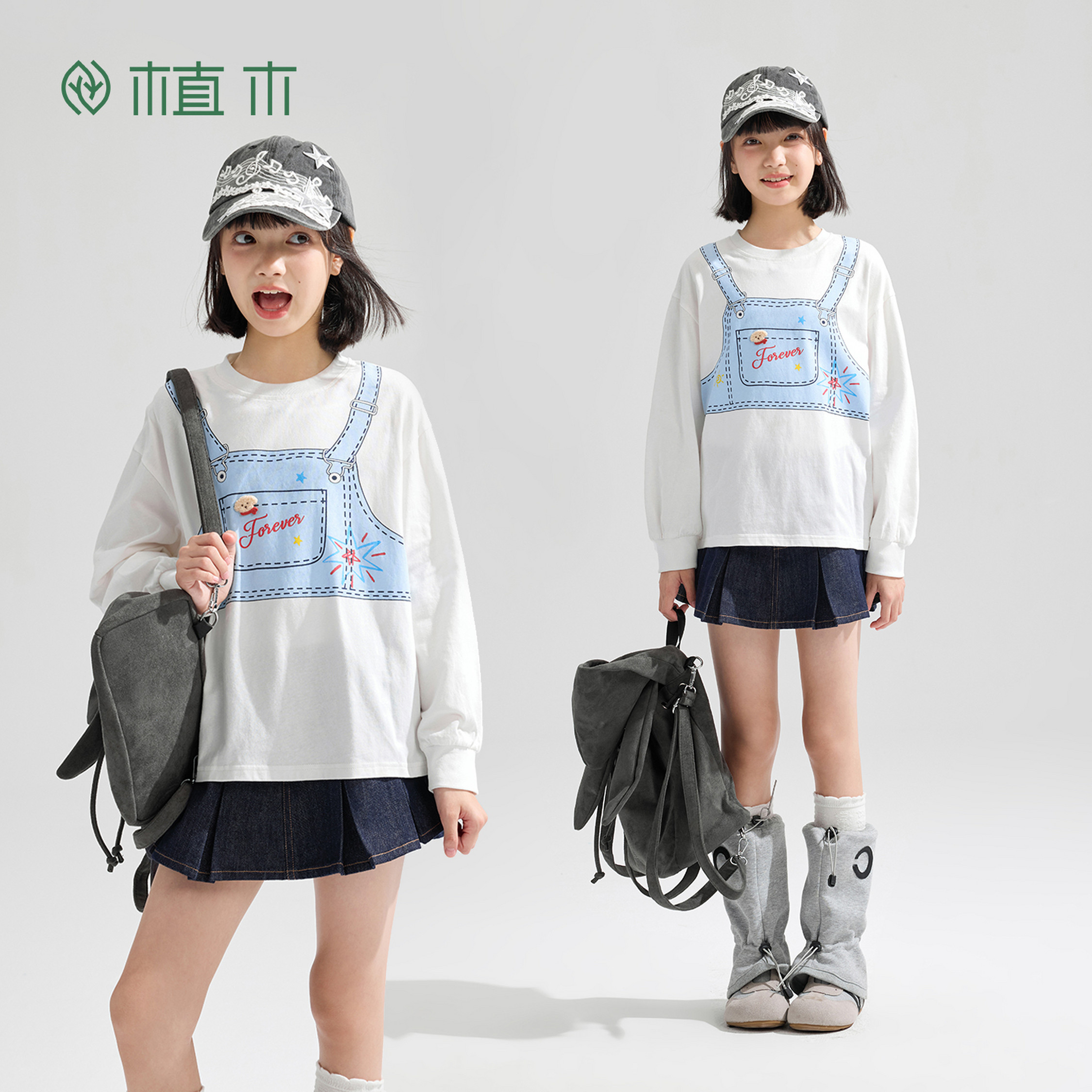 植木 女童纯棉T恤印花T恤儿童宽松圆领T恤童装秋冬新款青少年上衣