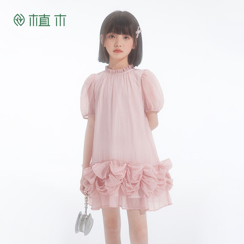 女童 莱赛尔透气纱裙 泡泡袖立体花瓣连衣裙