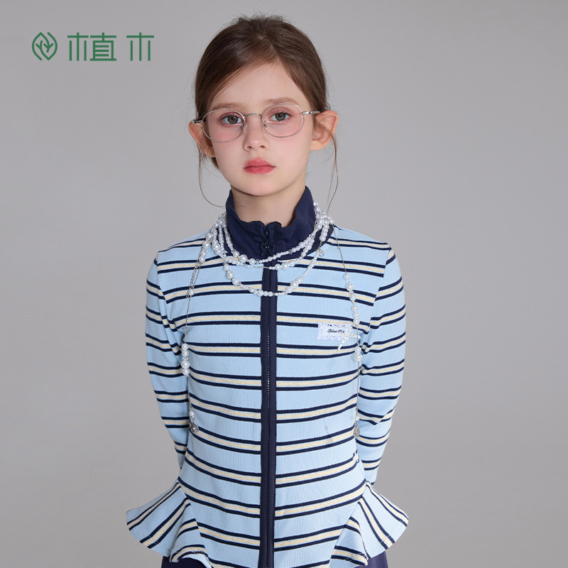 植木童装【miu系学院风】女童外套 儿童条纹针织上衣2026年春新款