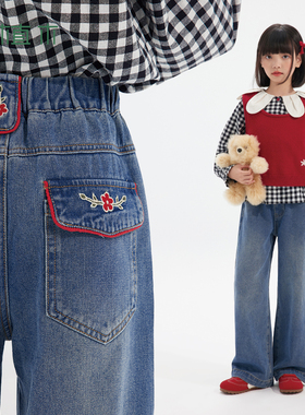 植木女童裤子2026春新款中大童直筒阔腿裤牛仔裤儿童裤子童装