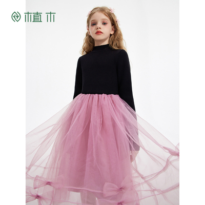 植木童装 儿童连衣裙2025秋冬新款中大童拼接纱蝴蝶结女童裙子