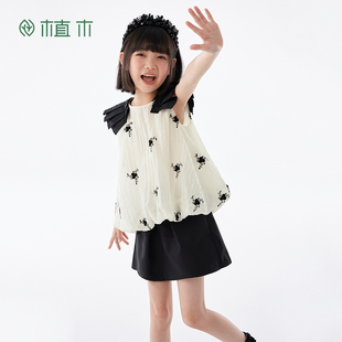 儿童小衫 植木撞色花苞刺绣天丝女童衬衫 中大童2026夏装 新款 潮童装