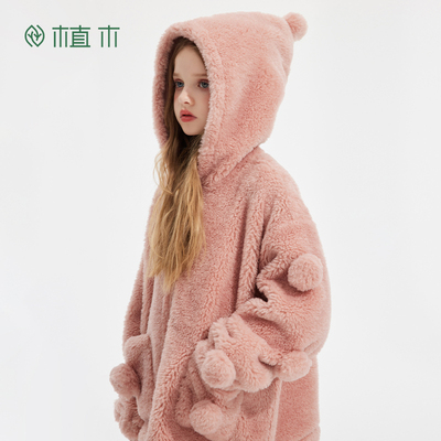 植木童装 儿童棉服2025冬季新款中大童毛绒连帽外套上衣女童棉服
