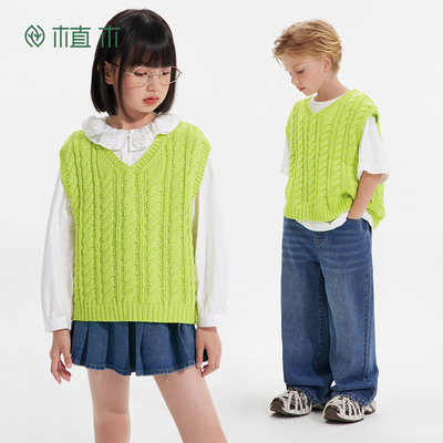 植木童装男童马甲2025秋冬新款中大童针织V领毛衣背心儿童马甲