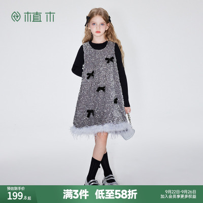 植木童装 儿童连衣裙2025秋冬新款蝴蝶结中大童女童连衣裙背心裙