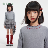 中大童半高领花边T恤上衣女童T恤童装 植木 儿童T恤2025秋冬新款