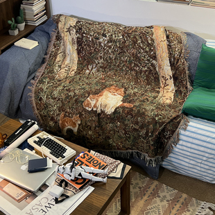 原创插画毯子美式复古猫咪挂毯壁毯单人沙发毯子盖巾床上针织盖毯