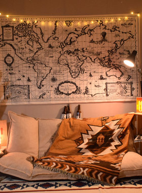 世界地图房间装饰ins风挂布黑白灰网红布置房间背景布租房