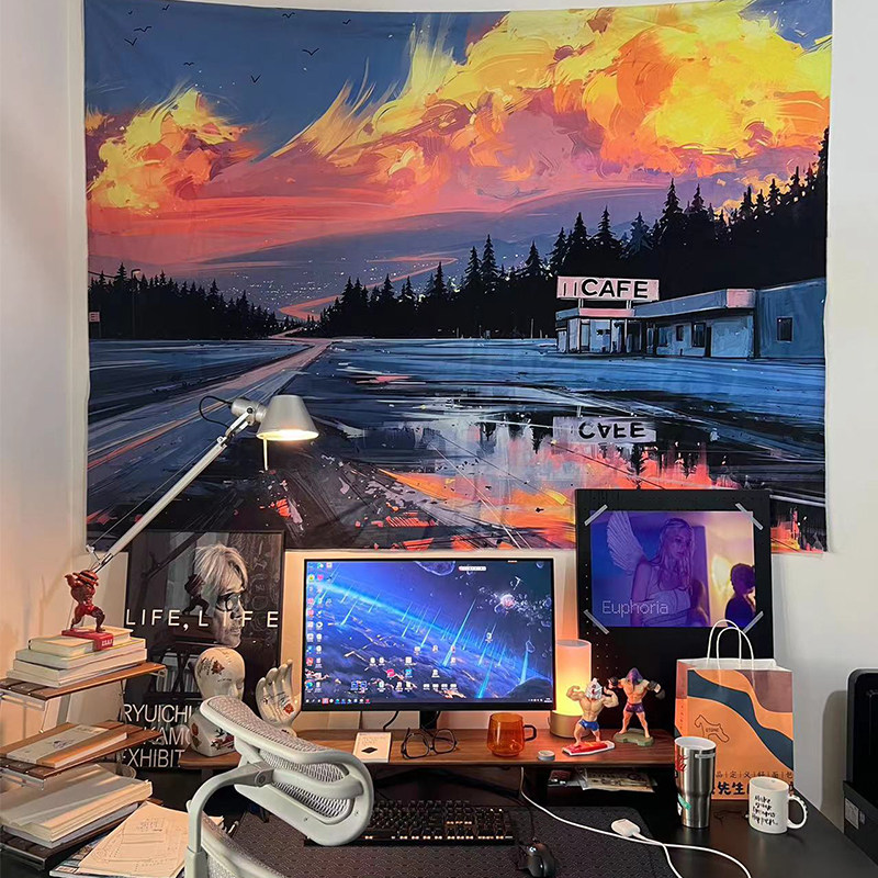 晚霞风景挂布艺术水彩布画客厅沙发背景布卧室租房改造墙面遮丑布