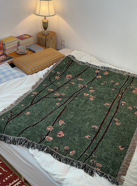 中式复古梅花针织毯子床尾毯单双人沙发毯盖巾书房装饰毯墙面挂毯