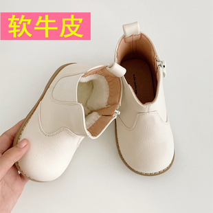 真牛皮女童短靴烟筒冬款马丁靴儿童皮鞋真皮公主棉靴女宝宝小靴子