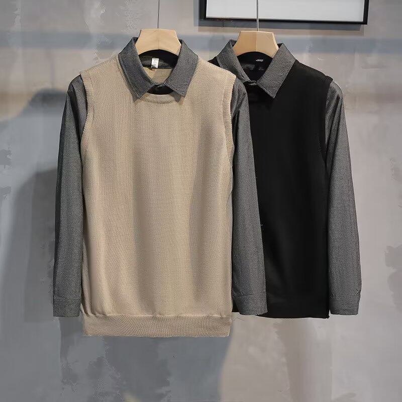 复古假两件针织衫男士秋冬季英伦修身韩版商务毛衫拼接衬衫领外套