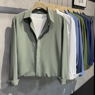 春季浅绿色衬衫男长袖宽松休闲免烫痞帅百搭暗扣墨绿色男生衬衣潮