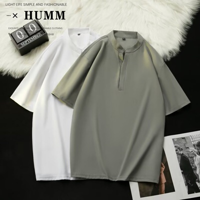 中山领黑色衬衣polo衫高级感立领衬衫短袖男修身夏季冰丝休闲男潮