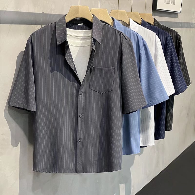 短袖条纹衬衫男夏季痞帅黑色宽松寸衫上衣韩版垂坠感休闲白衬衣潮