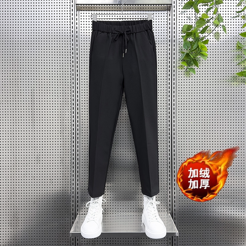 垂坠感裤子男秋冬加绒加厚小西裤ins潮九分裤直筒修身宽松休闲裤