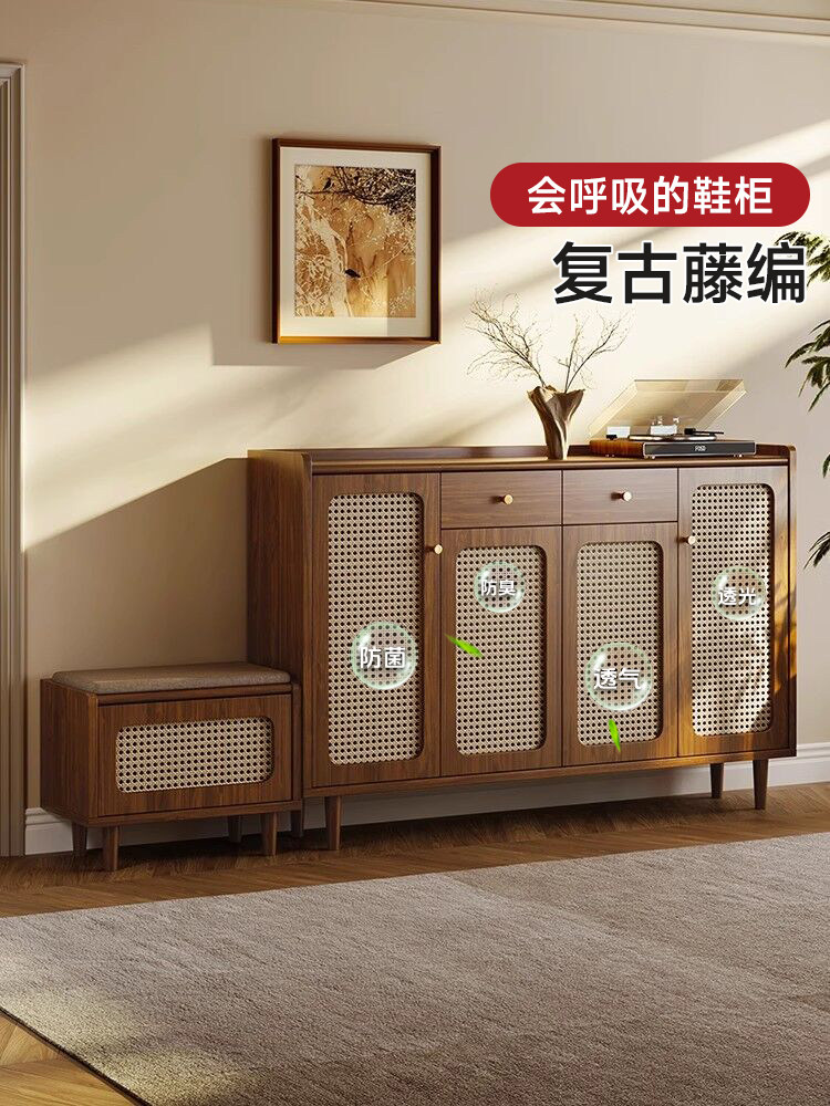 藤编鞋柜实木框家用门口可座玄关柜简约入户收纳柜阳台储物柜覆古