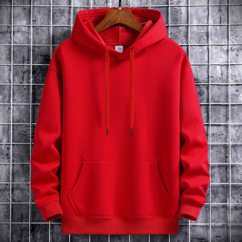 连帽卫衣男薄款春秋冬季宽松大码纯色加绒帽衫外套女本命年大红色