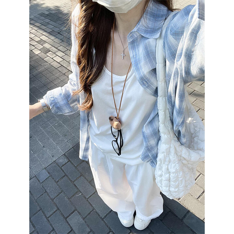 蓝色格子长袖衬衫女装夏季薄款设计感小众法式上衣防晒衬衫外套潮