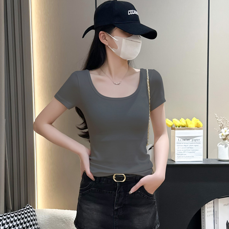 烟灰色大领口t恤女短袖2024夏季新款韩版U领正肩修身显瘦纯棉上衣