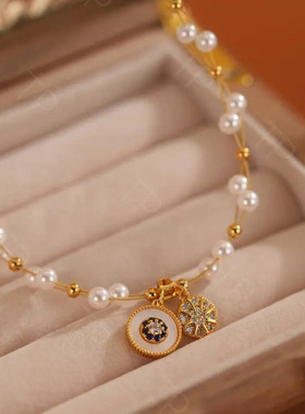 日本gentle motto贝母锆石八芒星编织珍珠项链女高级感夏季毛衣