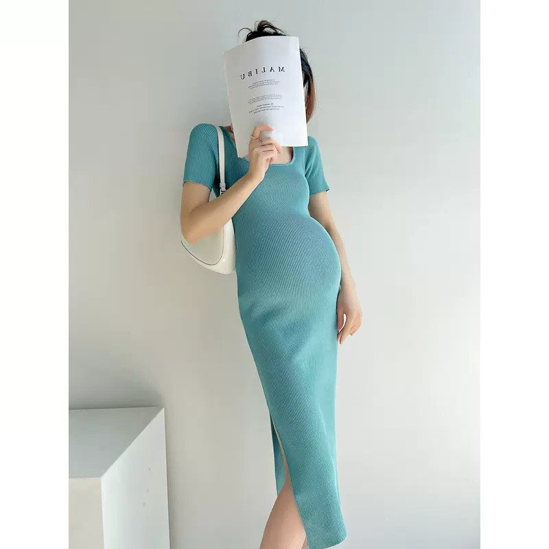 gentle motto春夏连衣裙修身款孕妇装方领长款短袖冰丝裙气质