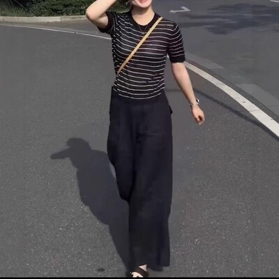 日本gentle motto夏季新款时尚短袖条纹上衣休闲直筒长裤洋气
