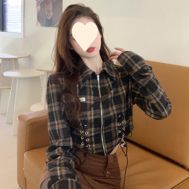 gentle motto大码格子衬衫女设计感小众春装胖mm炸街甜辣短款