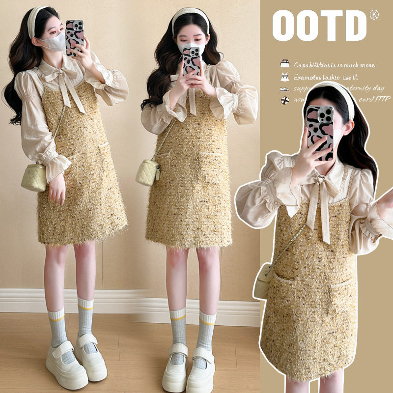 gentle motto孕妇装春装衬衫背带裙两件套气质小香风小个子孕妇