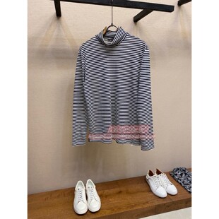 t恤男潮 潮半高领长袖 欧洲站早秋2021新款 潮牌条纹印花丝光棉韩版