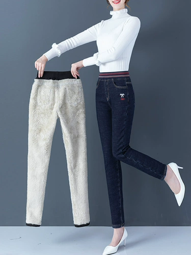 Джинсы, зимние утепленные приталенные штаны, коллекция 2022, высокая талия, эластичная талия, в обтяжку