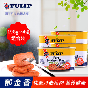 丹麦郁金香原味减盐午餐肉火锅食材网红猪肉熟速罐头即食198g 4罐