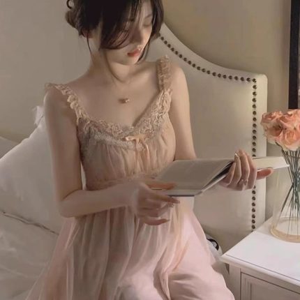 性感V领带胸垫吊带睡衣连衣裙女夏季纯欲高级感网纱蕾丝花边睡裙