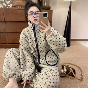 特厚加绒加厚爱心睡衣套装2025秋冬新款立领包边珊瑚绒休闲居家服