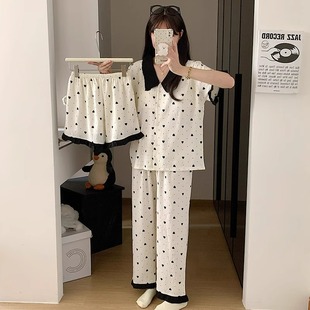 薄款 短袖 休闲睡衣女夏季 长裤 甜美爱心外穿简约家居服三件套 韩版